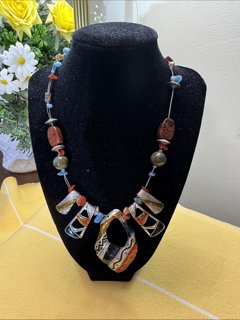 Boho Mixed-Color Pendant Necklace with Aztec Accents